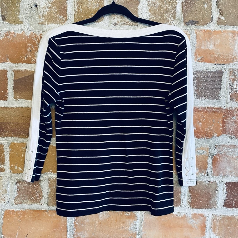 Chaps Boat Neck M Black White Stripe Lace Up 3/4 Sleeve Nautical Coastal Preppy - Picture 10 of 13